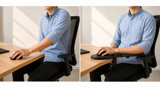 Side by side comparison of a man at a desk: unsupported forearm reaching to a mouse with raised shoulder versus forearm resting on an arm support pad with relaxed shoulder