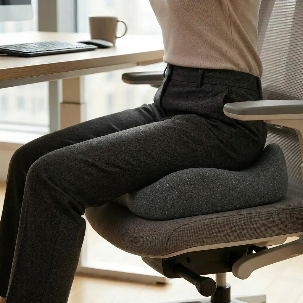 Person sitting on Bacol Seat Ease Cushion for posture support
